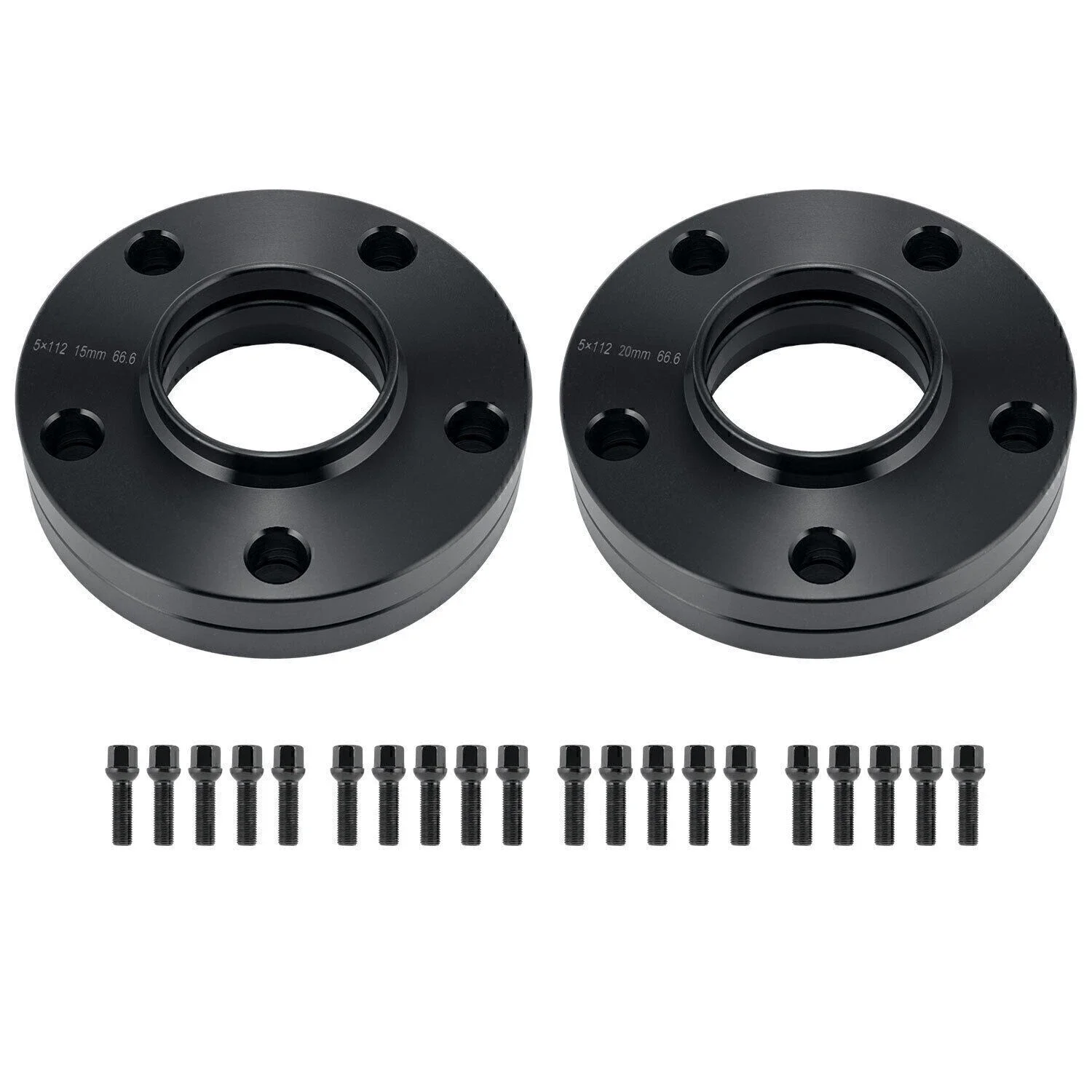 15mm/20mm Black Wheel Spacers For Audi A5 S5 RS5 Allroad - 66.6 CB, 5x112 PCD, Aluminum With Extended Bolts