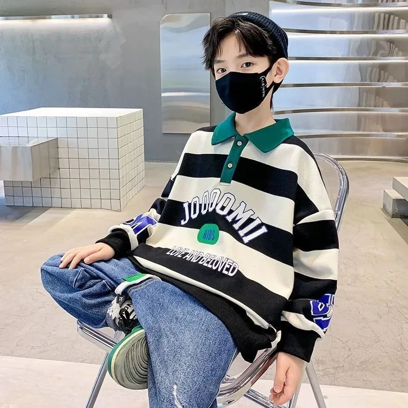 Sweatshirt Pullover Tops Jumper Boys School Kids 7-16 Yrs Cotton Contrast Striped Alphabet Turtleneck kids hoodie sweatshirts