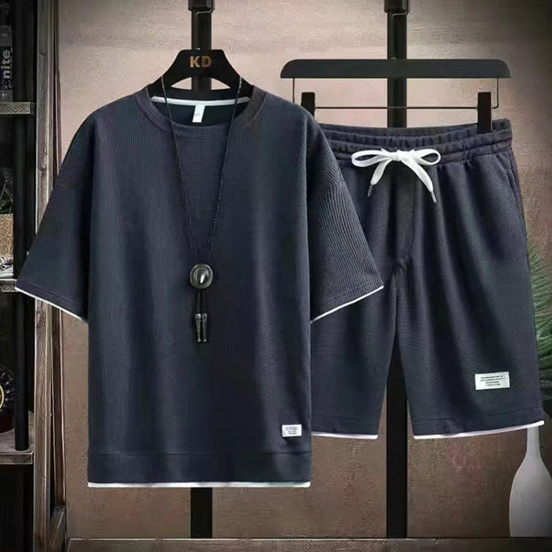 

Вафельный летний мужской комплект из двух предметов, парная свободная модная футболка и шорты, спортивные костюмы, дышащий повседневный мужской костюм