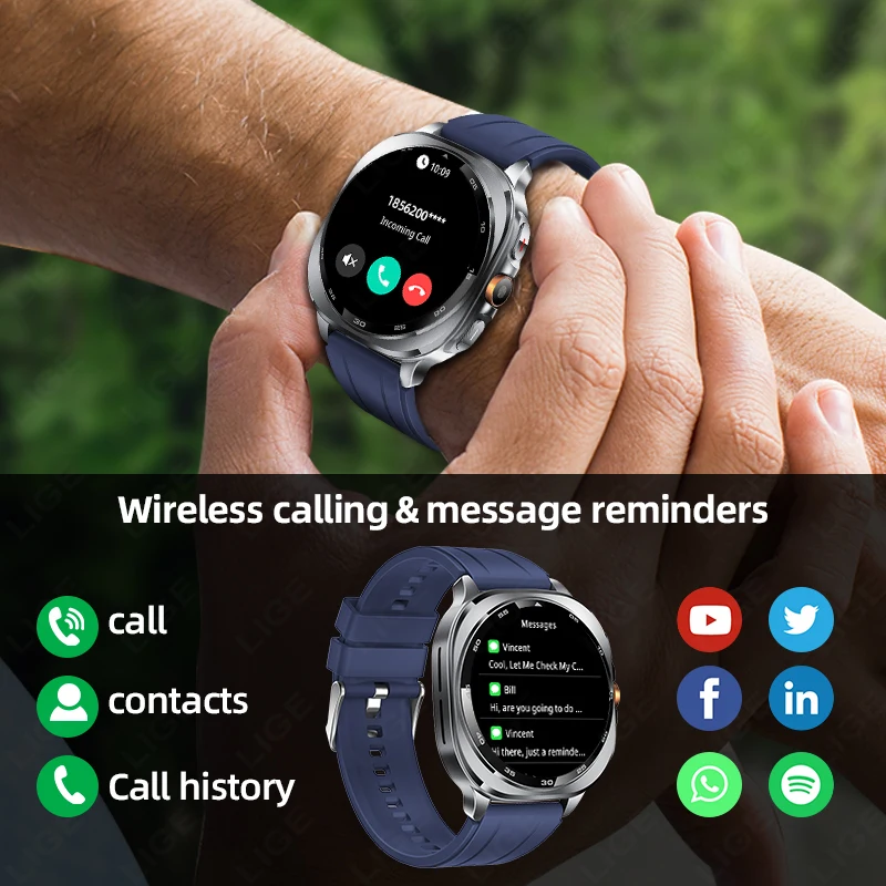 LIGE GPS Smart Watch Premium Military Bluetooth Call Outdoor Sports 3ATM Waterproof AMOLED 1.43 Inch Screen New Smartwatch Men