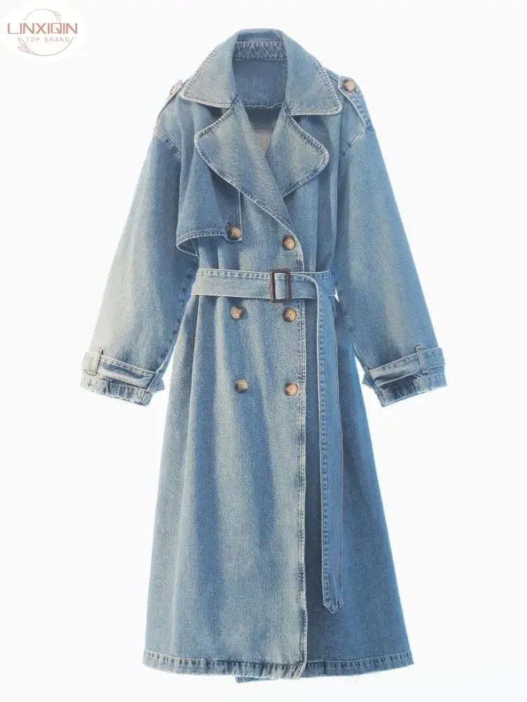 

LINXIQIN X-Long Denim Trench Coats For Women Belt On Waist Slim Jean Coats Ladies Jaqueta Feminina Blue Jean Jacket Woman