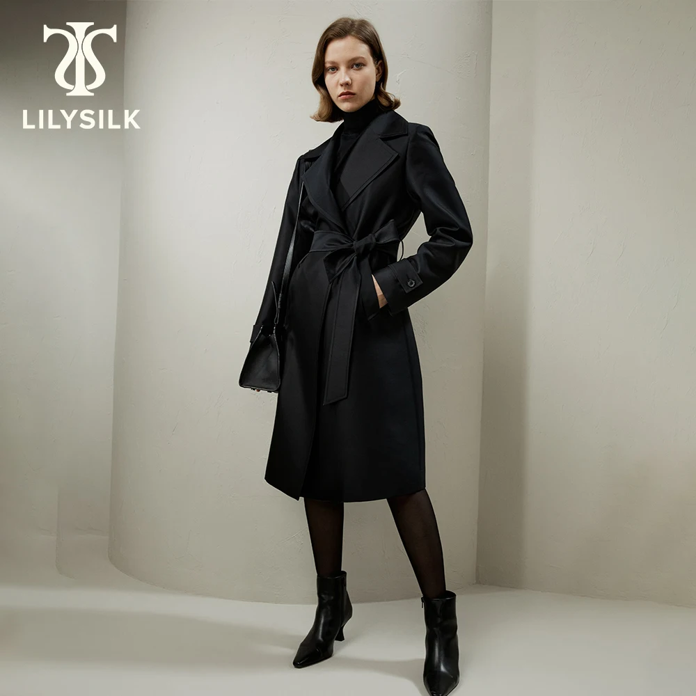 LILYSILK Silk Wool Mixed Women's Trenchcoat with Belt 2023 Fall New Long Turn Down Collar Button Design Clothing Free Shipping high quality korean style tb cardigan slim fitting suit collar jacket merino mixed wool four bar knitted suit for men and women