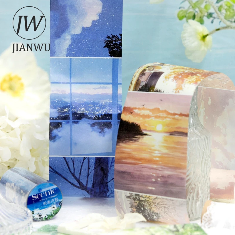 JIANWU 풍경 문자 시리즈 빈티지 야경 구름 바다 풍경 소재 콜라주 와시 테이프 창의적인 저널 문구류