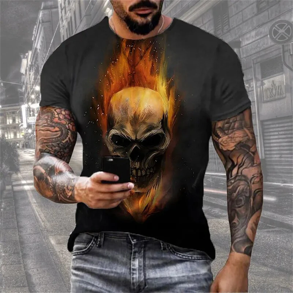 Mens 3D Skull T-Shirt - Black Gothic Short Sleeve Halloween Top