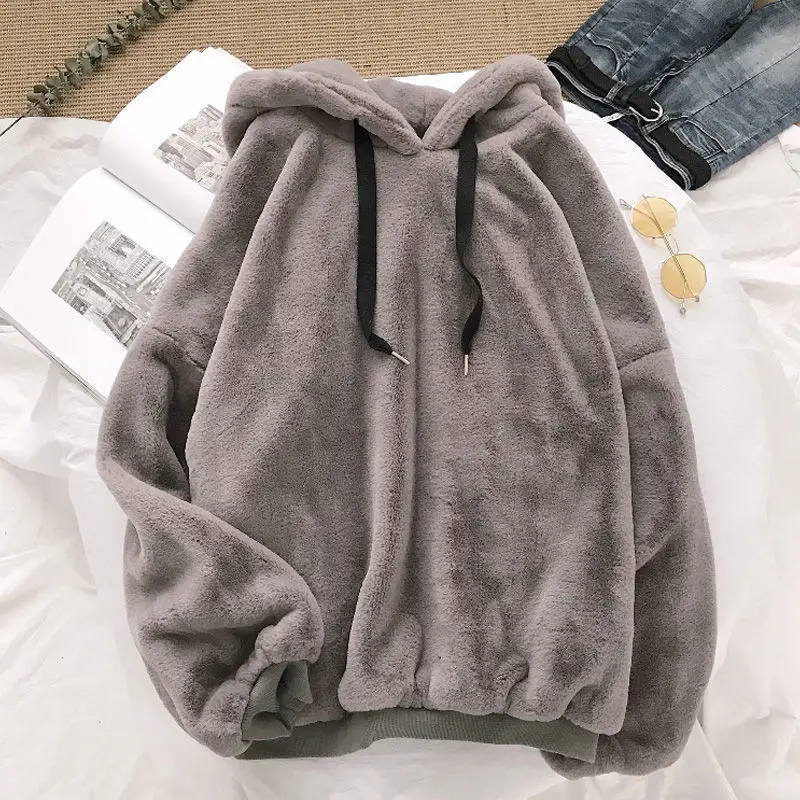 

Hoodie Men Autumn and Winter Warm Double-sided Plush Solid Color Ins Loose Long-sleeved Jacket Casual Couple Hooded Sweatshirts