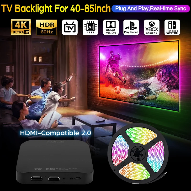 

2024 New Ambient TV LED Backlight Sync to Screen For 40-85Inch Real-Time Sync LED Light Strip For 4K HDMI-Compatible 2.0 Device
