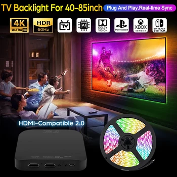 2024 Nuova TV ambientale Retroilluminazione a LED Sincronizzazione sullo schermo Per 40-85 pollici Sincronizzazione in tempo reale Striscia luminosa a LED per dispositivo 2.0 compatibile HDMI 4K 1