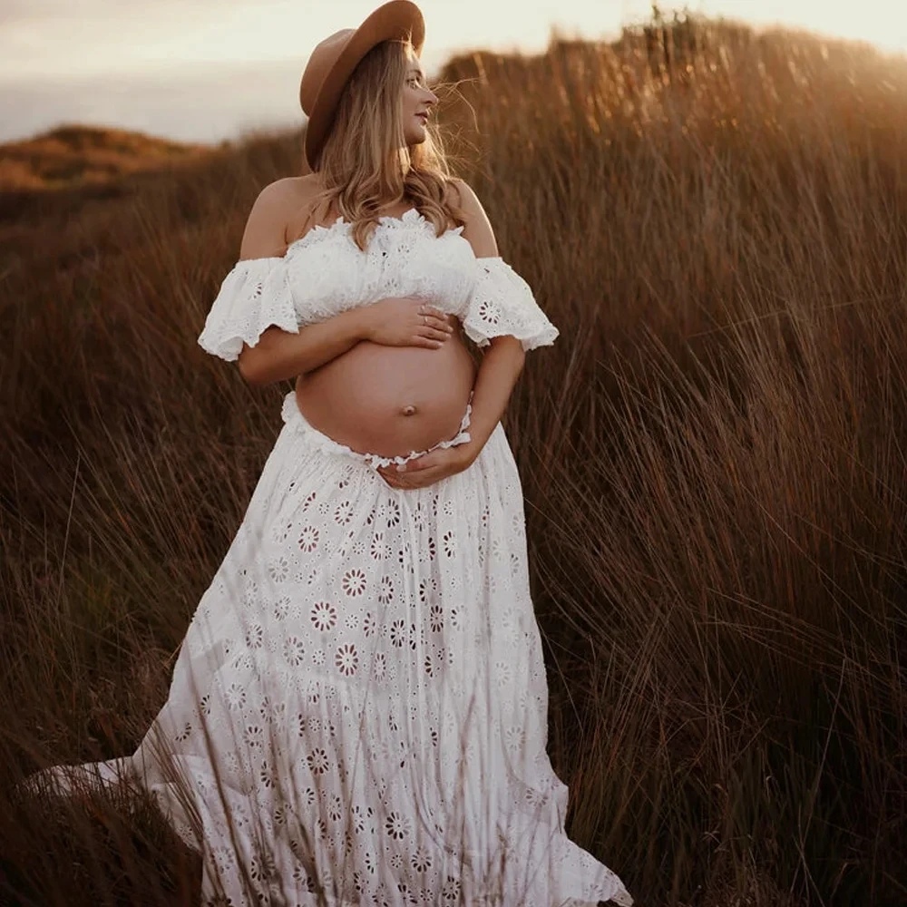 Embrordered Cotton Boho Lace Two Pieces Maternity Photography Outfit 2 in 1 Pregnant Woman Dress Set For Phoot Shoot
