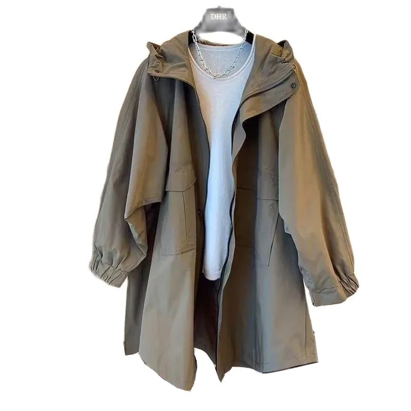 

Модная дизайнерская ветровка с карманами и капюшоном, Женский тренчкот, новинка 2023, средней длины, весна-осень, свободная повседневная женская верхняя одежда