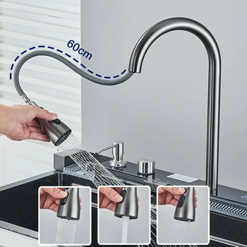 Stainless Steel Kitchen Sink with Faucet Digital Display Large Single Bowl Waterfall Rain 5 Functions System Dish Basin Sink 2