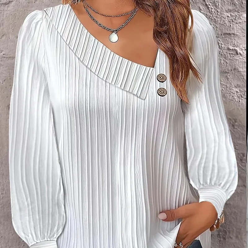 Spring and Autumn Women's Pullover V-neck Button Shirring Solid Lantern Long Sleeve Chiffon Shirt T-shirt Fashion Casual Tops