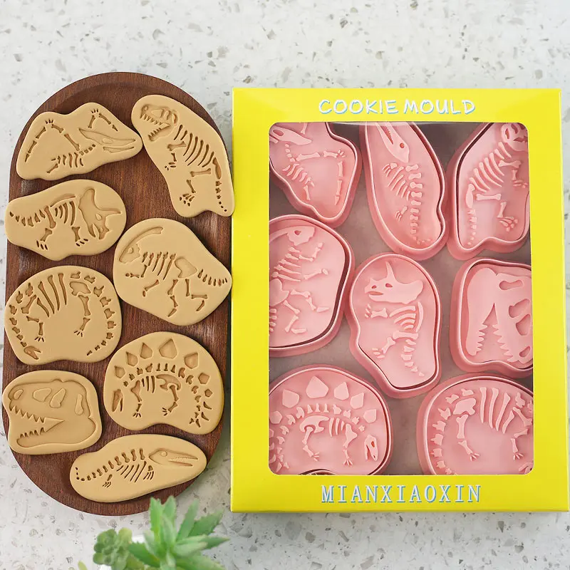 8 Pcs/set Dinosaur fossil Cookie Cutters cookie cutter baking mold cookie mould Plastic 3D Cartoon Pressable Biscuit Mold Cookie Stamp Kitchen Baking Pastry Bakeware