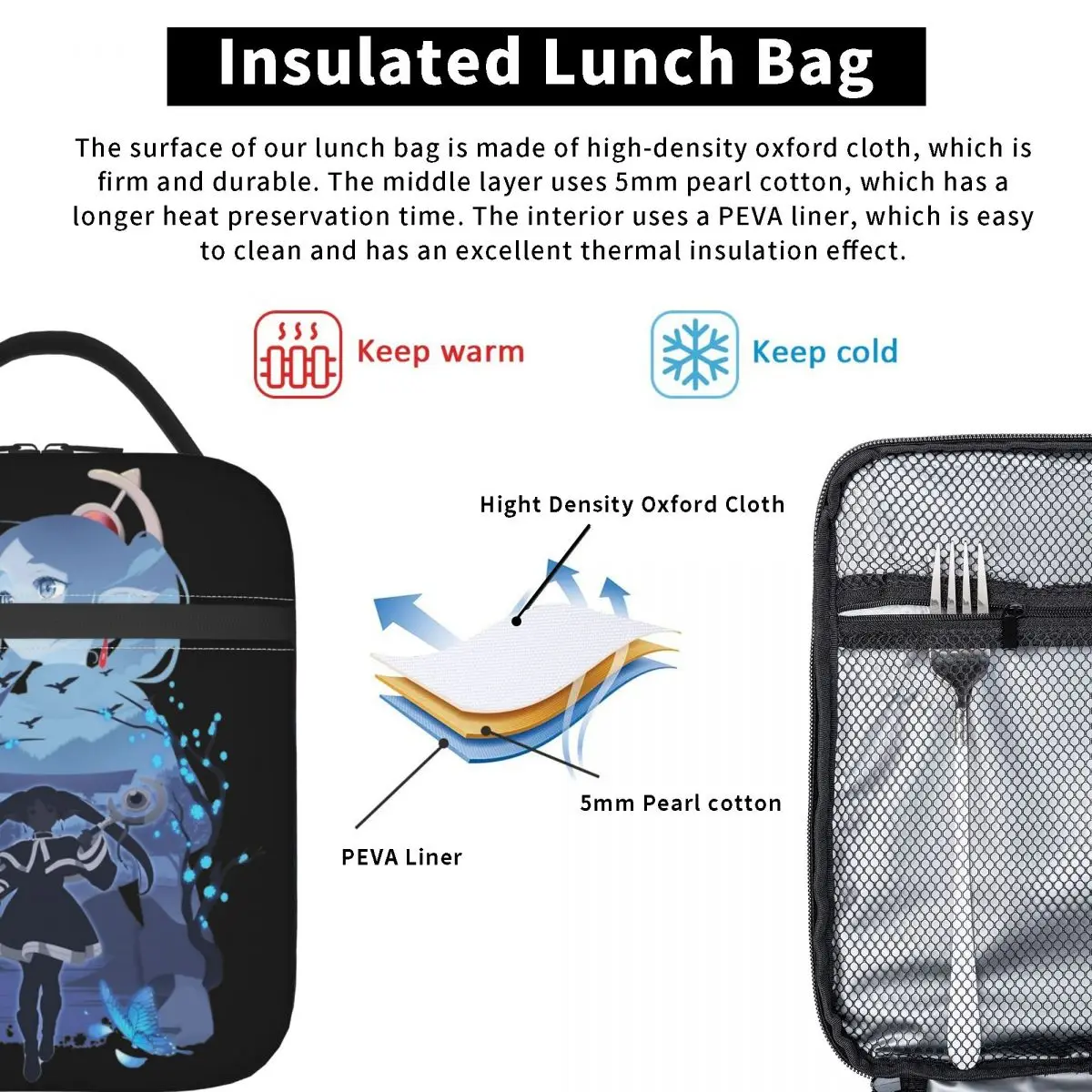 Sousou No Frieren Silhouette Product Insulated Lunch Tote Bag For Work Food Storage Bag Portable Cooler Thermal Lunch Boxes