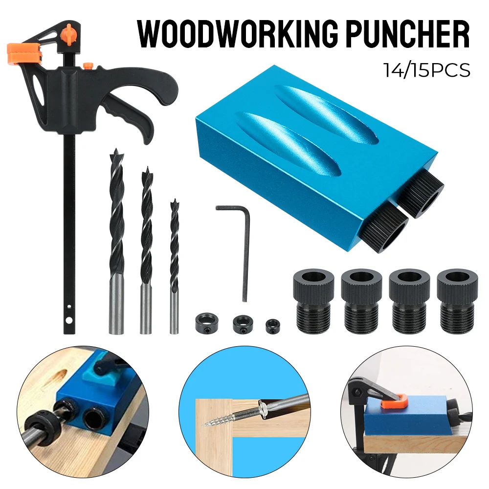

14/15Pcs Woodworking Hole Drilling Guide Locator With Drill Bit Set Hole Puncher 15 Degrees Pocket Hole Jig Kit
