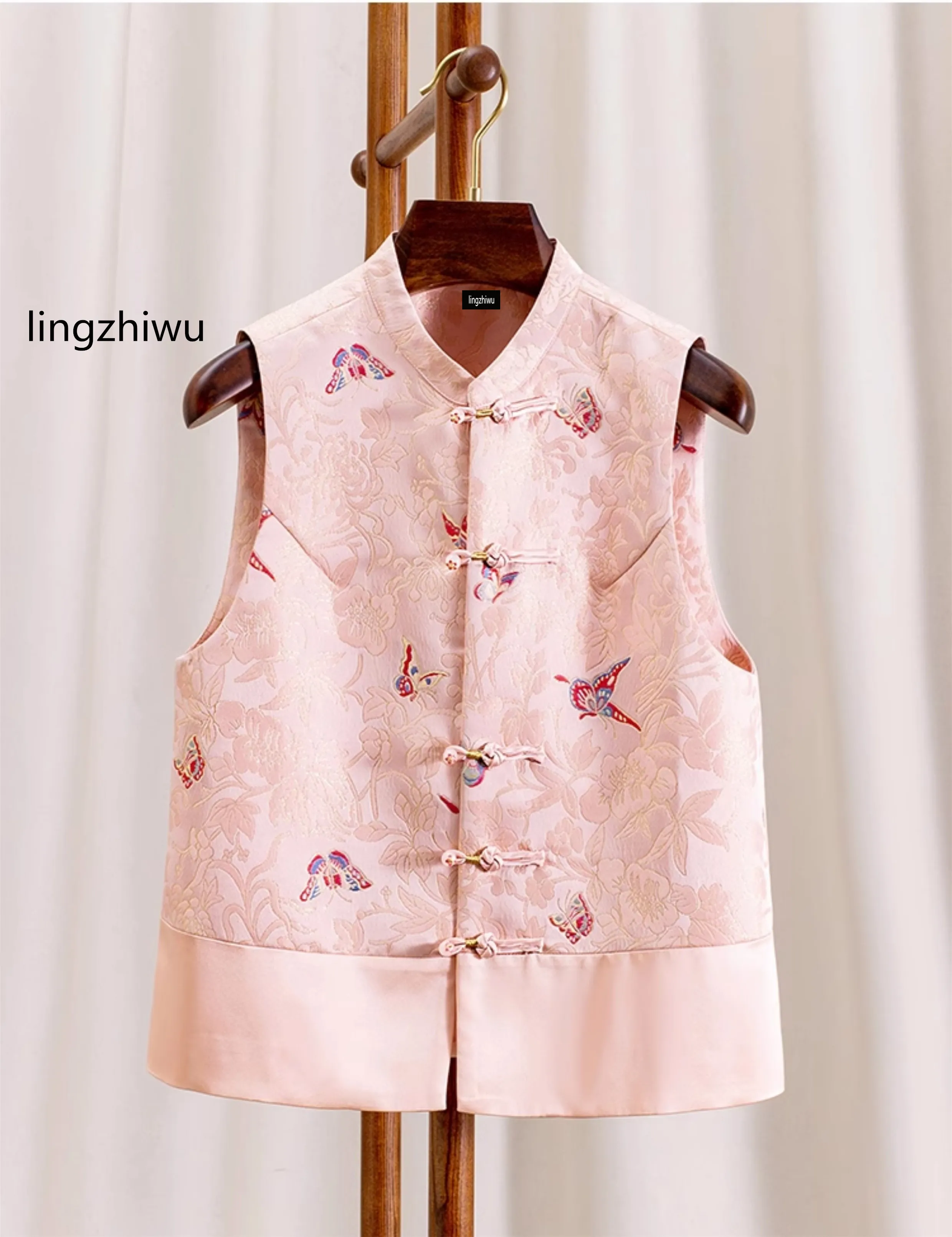 

lingzhiwu Jacquard Tank Top Pink Handmade Chinese Style Outerwear Female Vintage Sleeveless Coat Spring New Arrive