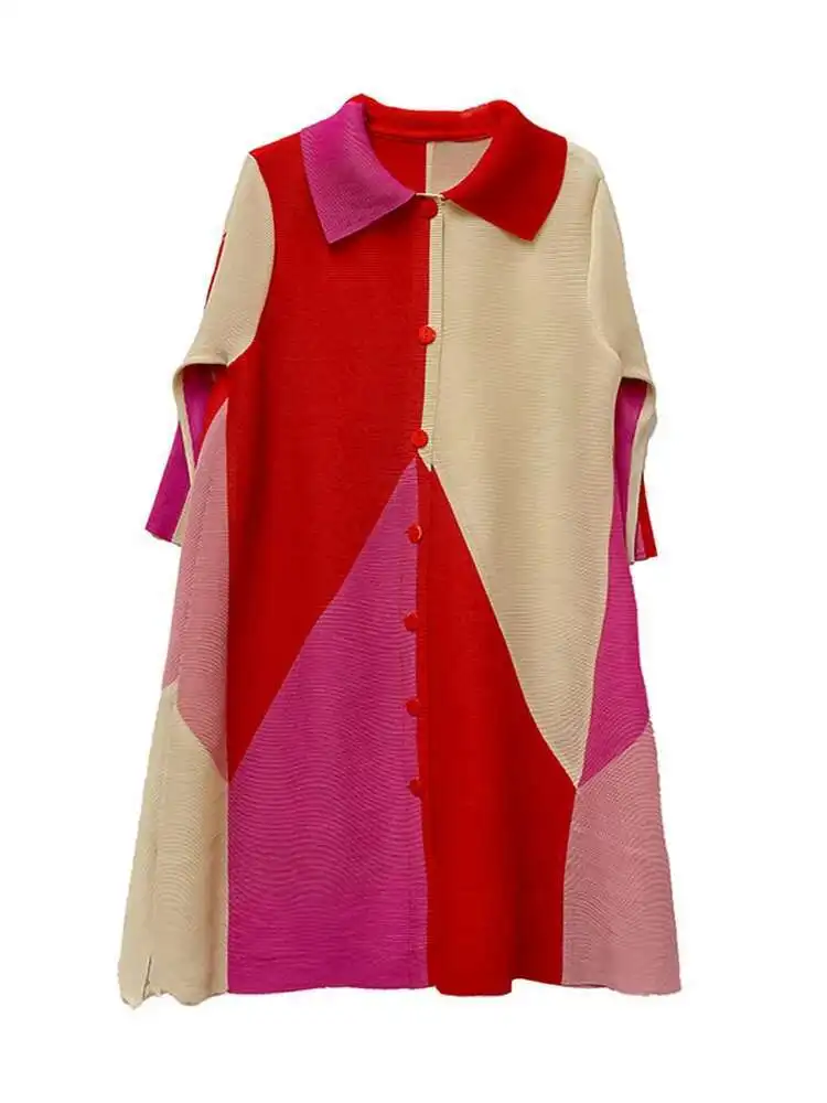 LANMREM Turn Down Color Block Pleated Dress For Women Three Quarter Sleeves Single Breasted Loose Dresses Female Fashion 2R1982 - Image 5