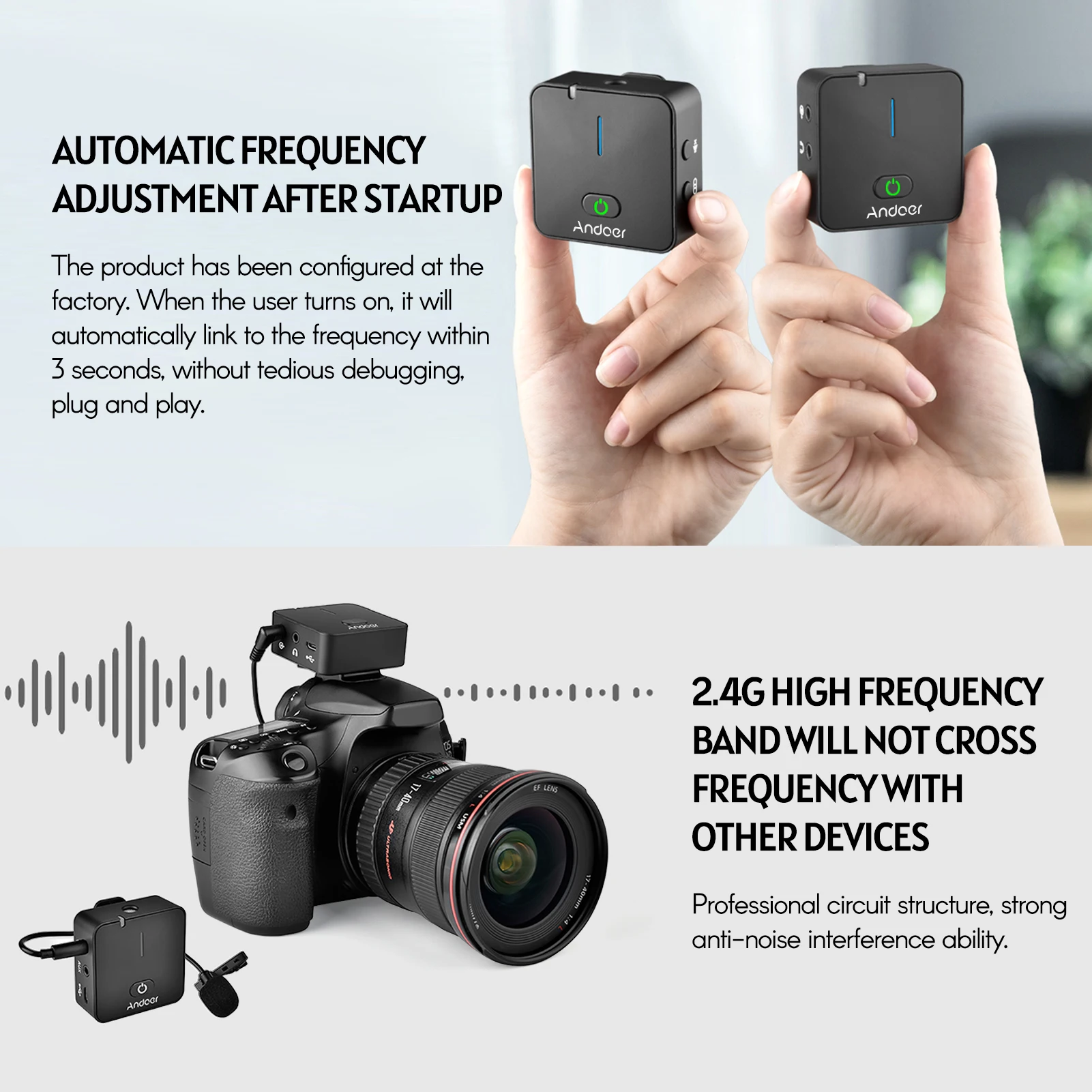 Andoer MX5 2.4G Wireless Recording Microphone System with Transmitter Receiver Clip-on Lavalier Mic for DSLRs Vlogging Interview