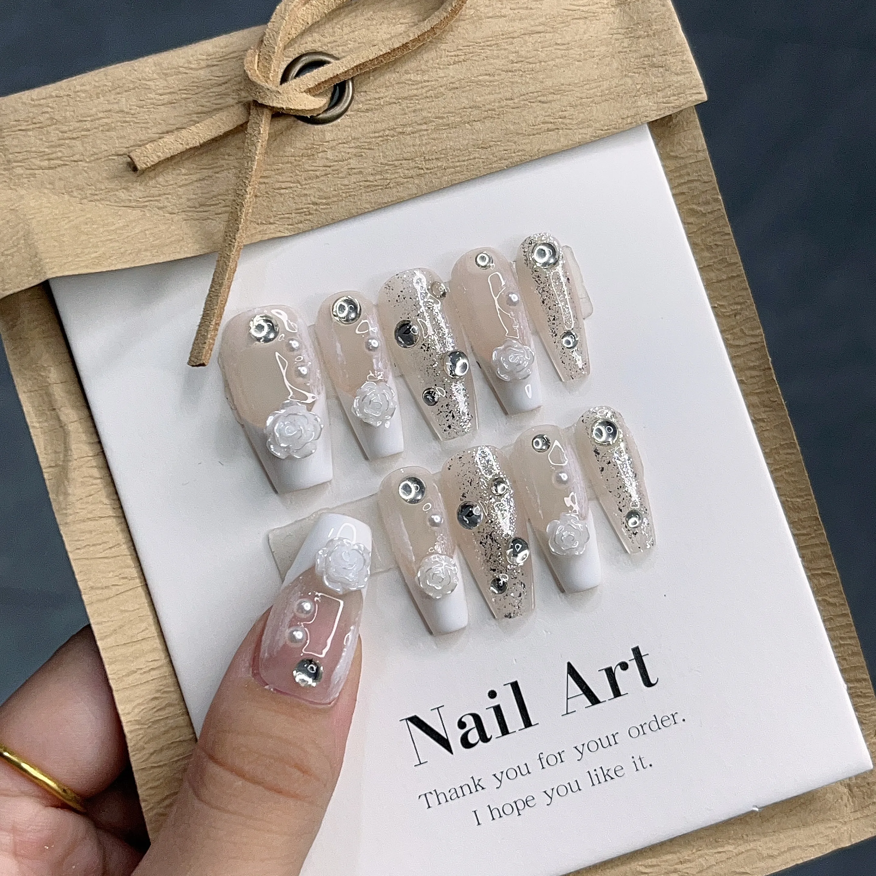

White Camellia Flower Press On Nails with 3D Art-Sophisticated and Classy for Work In Emmabeauty Store No.EM1661