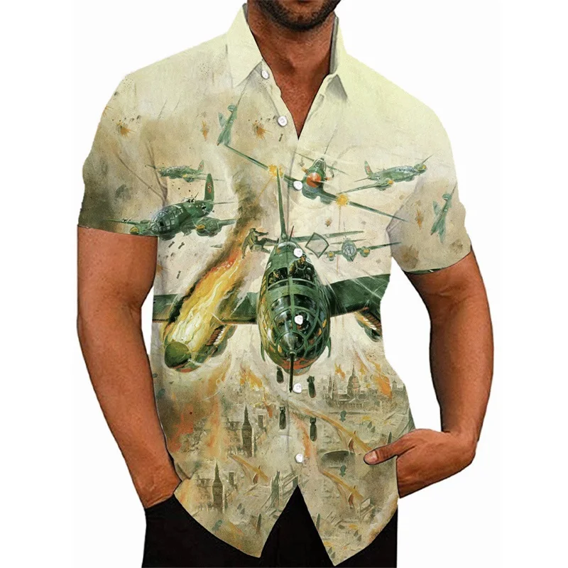 thumbnail image 1 of Camisas hawaianas con estampado 3D de avión de combate para hombre, camisas casuales de manga corta con botones, camisetas de hip hop para hombre, ropa de calle, 1 of 5