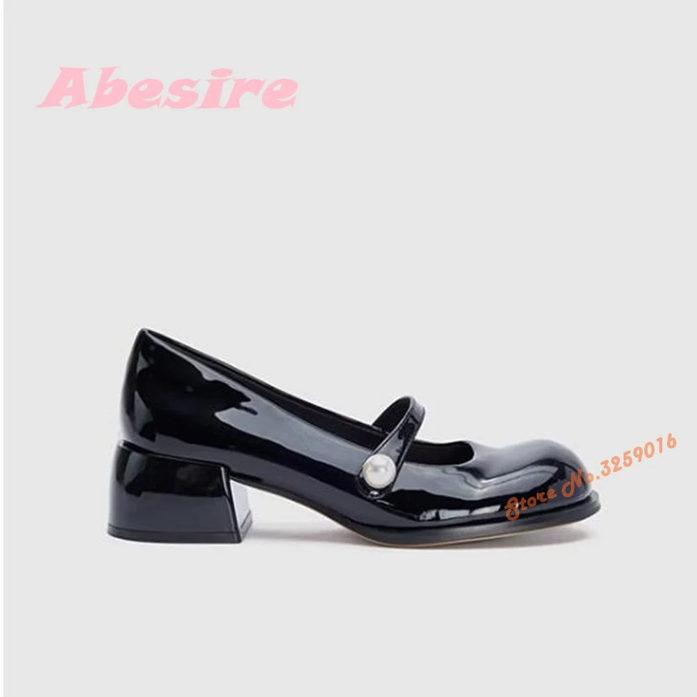 

Pearl Patent Leather Mary Jane Women's Shoes New Spring\summer Pumps Black Chunky Heels Button Elegant Luxury Shoes Sexy Size 39