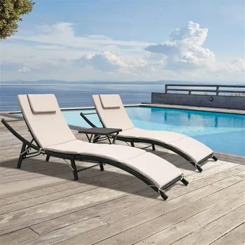 3-Piece Outdoor Patio Lounge Chair Set – Adjustable Chaise Lounges with Wicker Folding Table 1