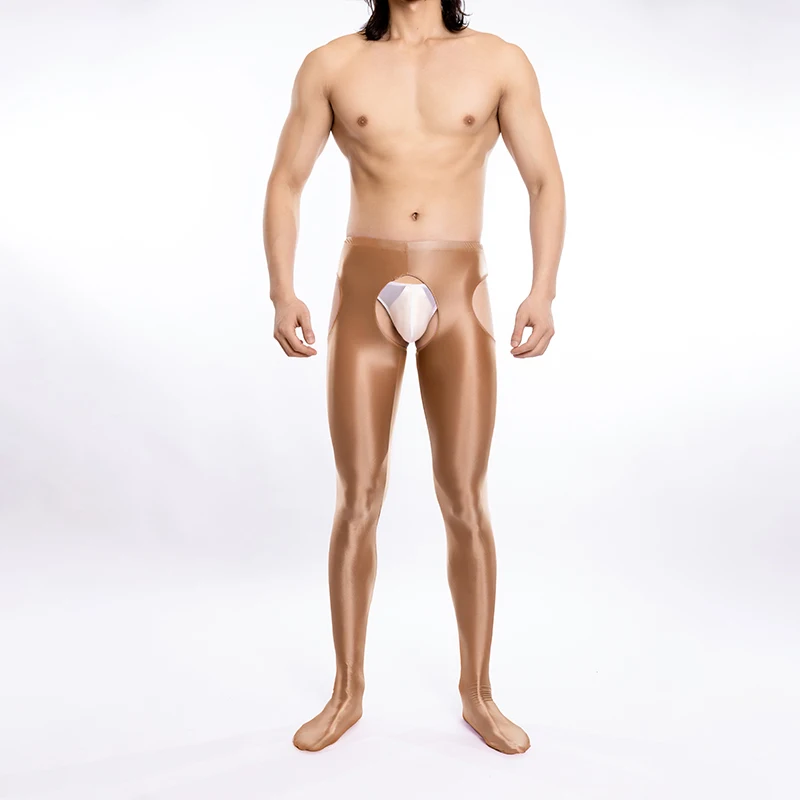 New Silky Smooth Men Leggings Sexy Oil Glossy Open Crotch Slim Fit Thighs Pants Underwear Solid Color Comfort Underwear Clothes