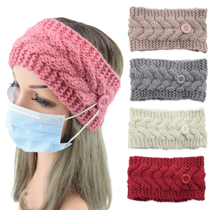 

Winter Warm Headband With Button Crochet Knitted Wide Stretch Hairband Wool Twist Turban Headwrap Sport Warmer Ear Headwear