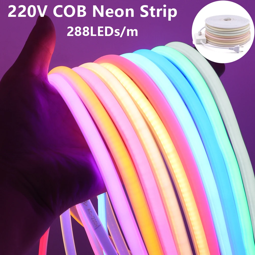 

COB LED Light Strip 220V 288LEDs/m Waterpoof Silicone Neon Strip Flexible LED Ribbon With Dimmable Power EU Plug 10 Colors