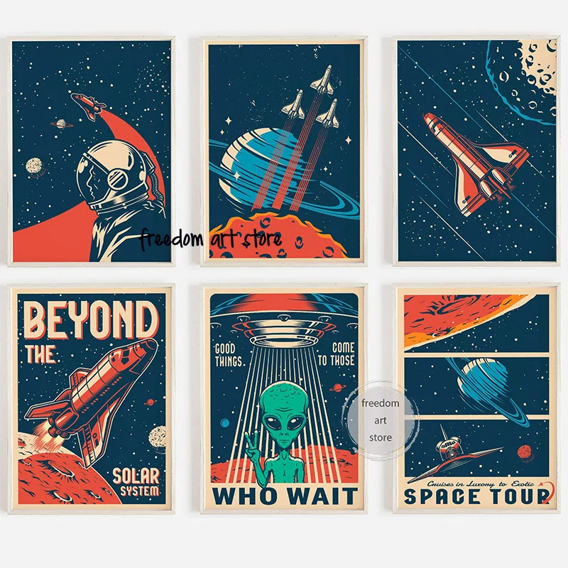 Retro Space Illustration Alien Solar System Art Poster Canvas Painting Stampe Murali Picture For Living Room Kids Room Home Decor