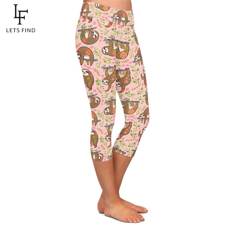 LETSFIND High Quaility Women Cute Sloths with Floral  Print Mid-Calf Leggings High Waist Fitness Slim Capri Leggings