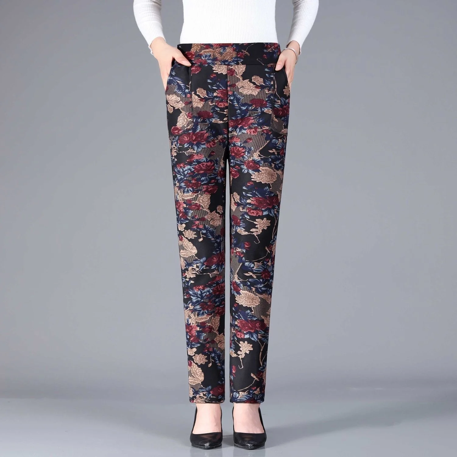 Winter Warm Leggings Women Autumn Middle Aged Female Casual Thick Velvet Pants Mom High Elastic Print Flower Trousers 4XL