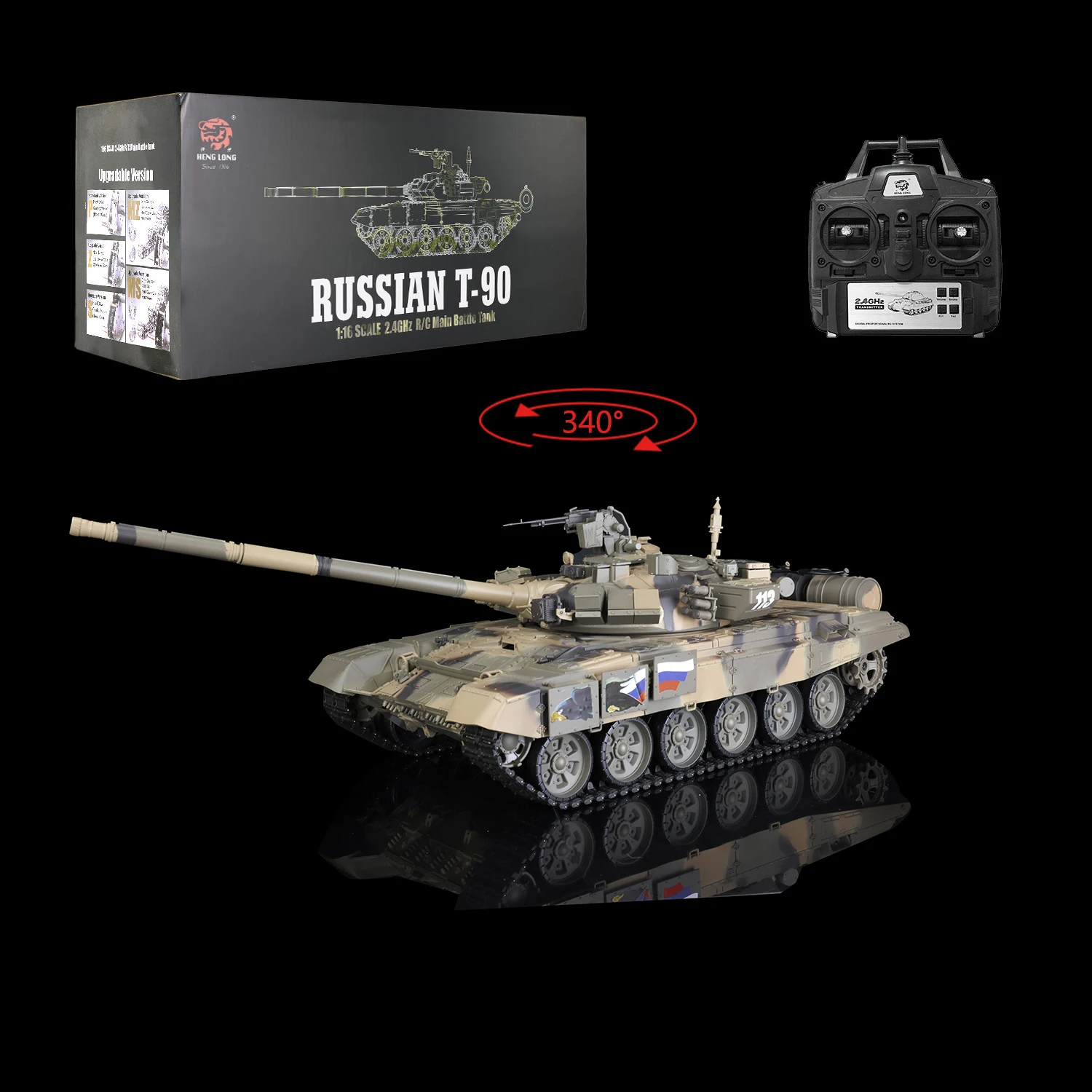 헝롱 무선 조종 탱크 1/16 스케일 2.4Ghz 7.0 플라스틱 버전 러시아 T90 RTR 3938 모델 자동차 기관총 BB 발사 TH17842