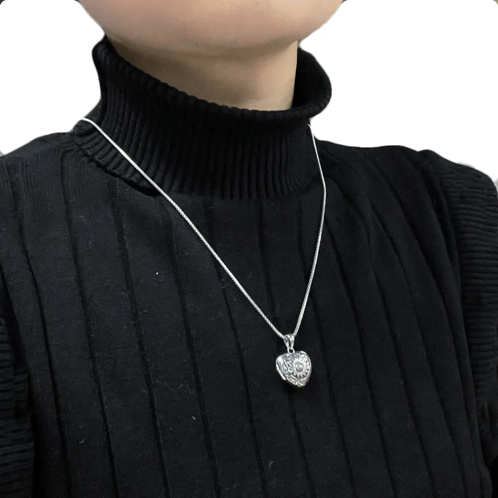 Sunflower Heart Shaped Locket Necklace That Holds Pictures Photo Keep Someone Near to You 925 Sterling Silver Jewelry