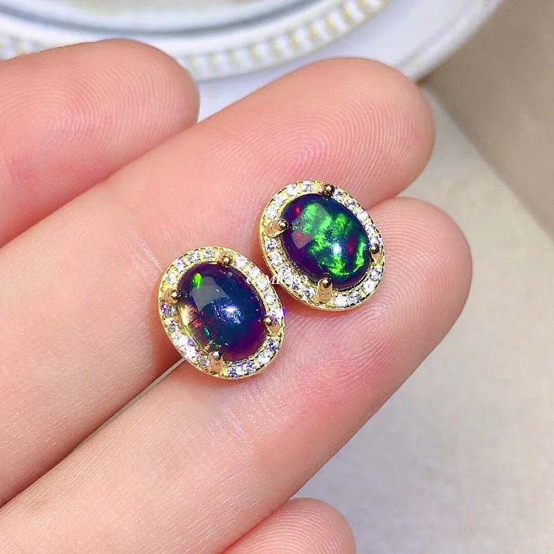 

Gemicro Natural Australian Opal Earrings for Women 925 Sterling Silver Jewelry Natural Black Opal Earrings 6mm*8mm Gemstones