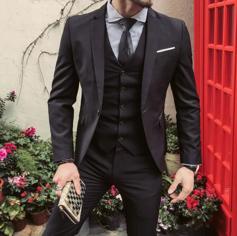 

2023 Classic Slim Fit Formal Black Burgundy Groom Tuxedo Men Wedding Suits Set Business Man Jacket Vest With Pants 3pcs