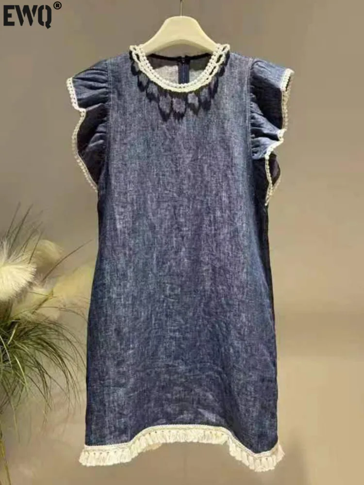 

[EWQ] High Street Fashion O-neck Flying Sleeve Lace Patchwork Dress For Women Casual Female's Dresses 2024 Spring Summer GZ25