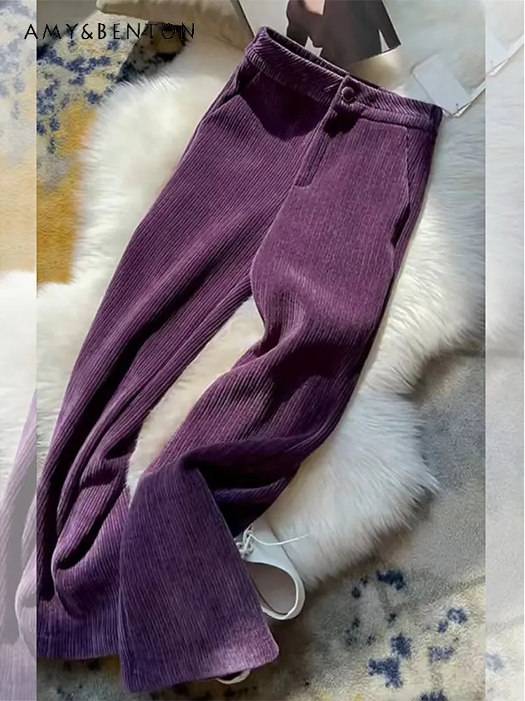 

Winter Wide-Leg Pants Fleece-Lined Thickened New Cloose Orduroy Trousers Purple Color Straight Casual Pants for Women