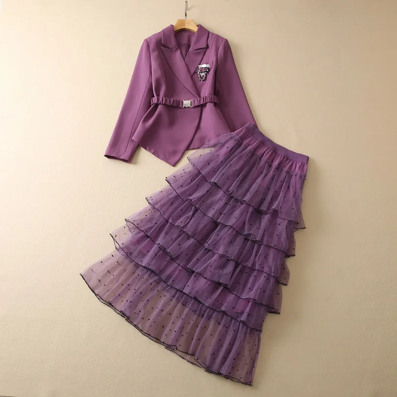 

Women's Wear for Winter 2023 Long Sleeved Waistband Irregular Coat Tiered Mesh Skirt Fashion Suits New European and American