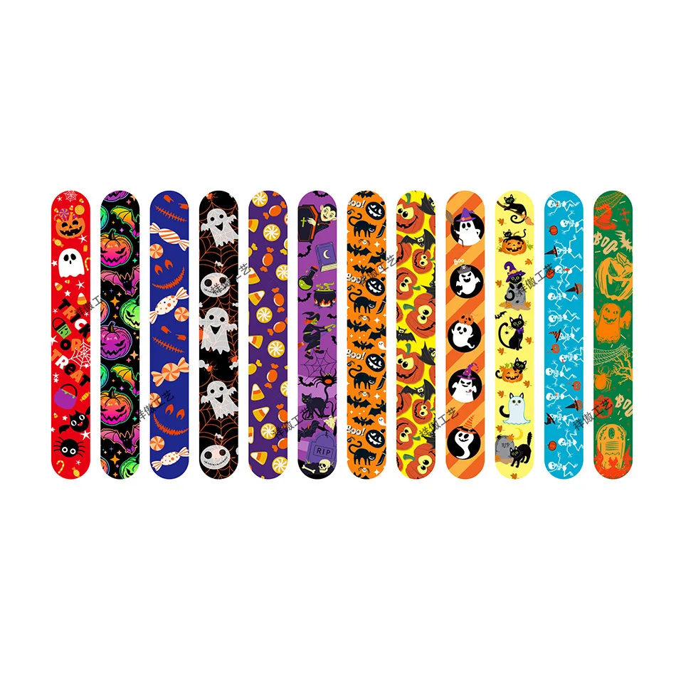 

12pcs Halloween Slap Bracelets Halloween Party Gifts For Kids Cartoon Ghost Pumpkin Witch Spider Bracelet Happy Halloween Decor