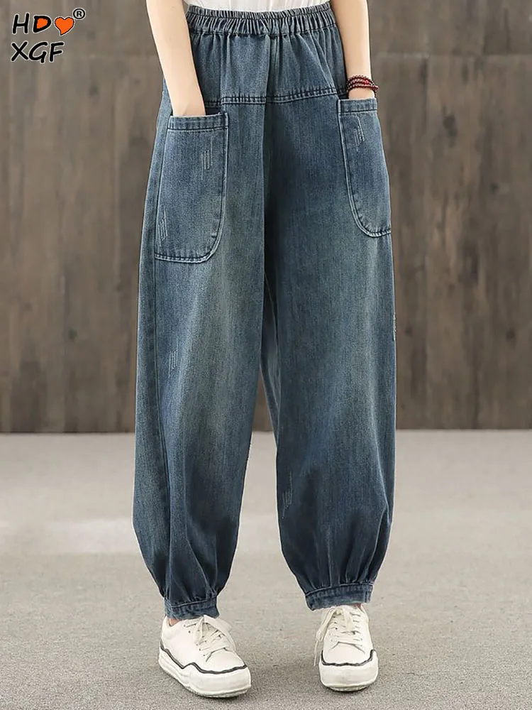 

Korean Fashion Big Pocket Plus Size 50-100kg Harlan Jeans For Women Vintage Elastic High Waist Trousers Casual Simple Pants Y2k