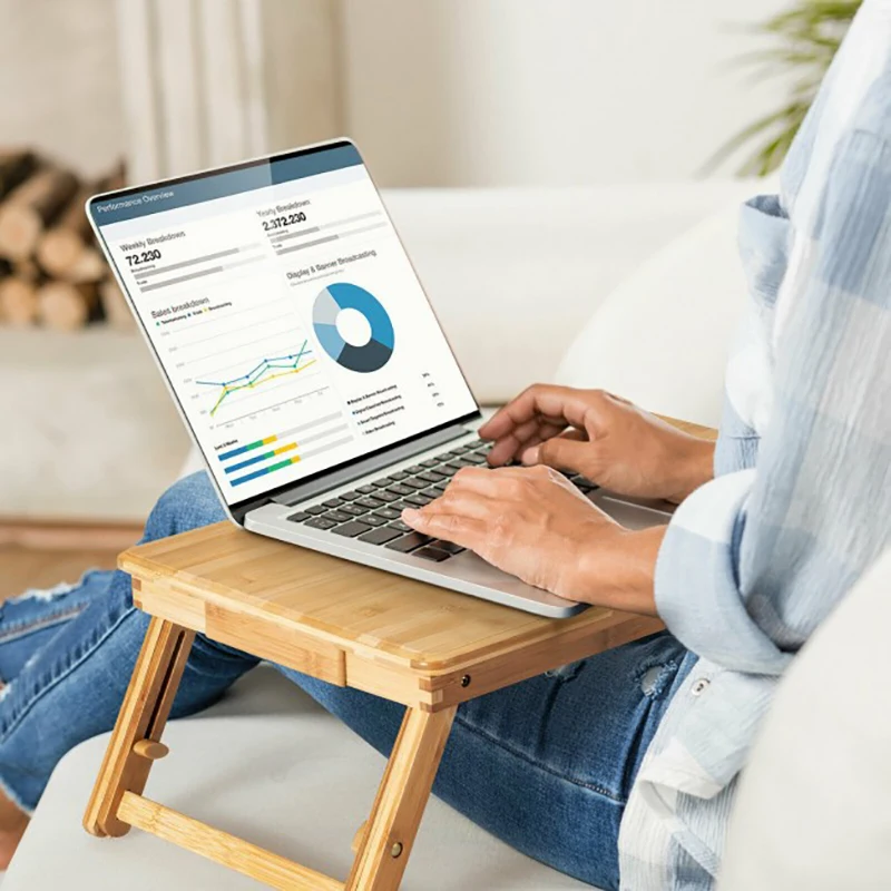 

Natural Bamboo Laptop Lap Tray with Slide Drawer Adjustable Legs Tilting Heat-dissipation Top Folding Design Computer Desks