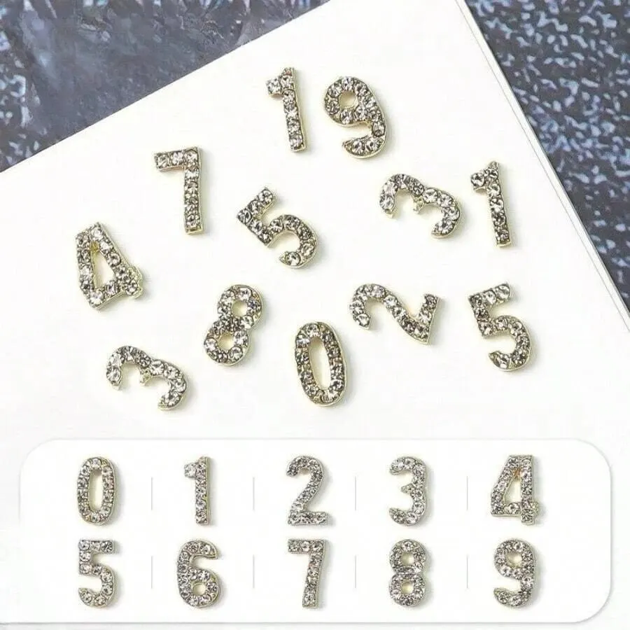 10pcs (0-9) 고정 혼합 실버 골드 번호 네일 아트 장식 반짝이 3D 합금 전화 케이스 액세서리 DIY