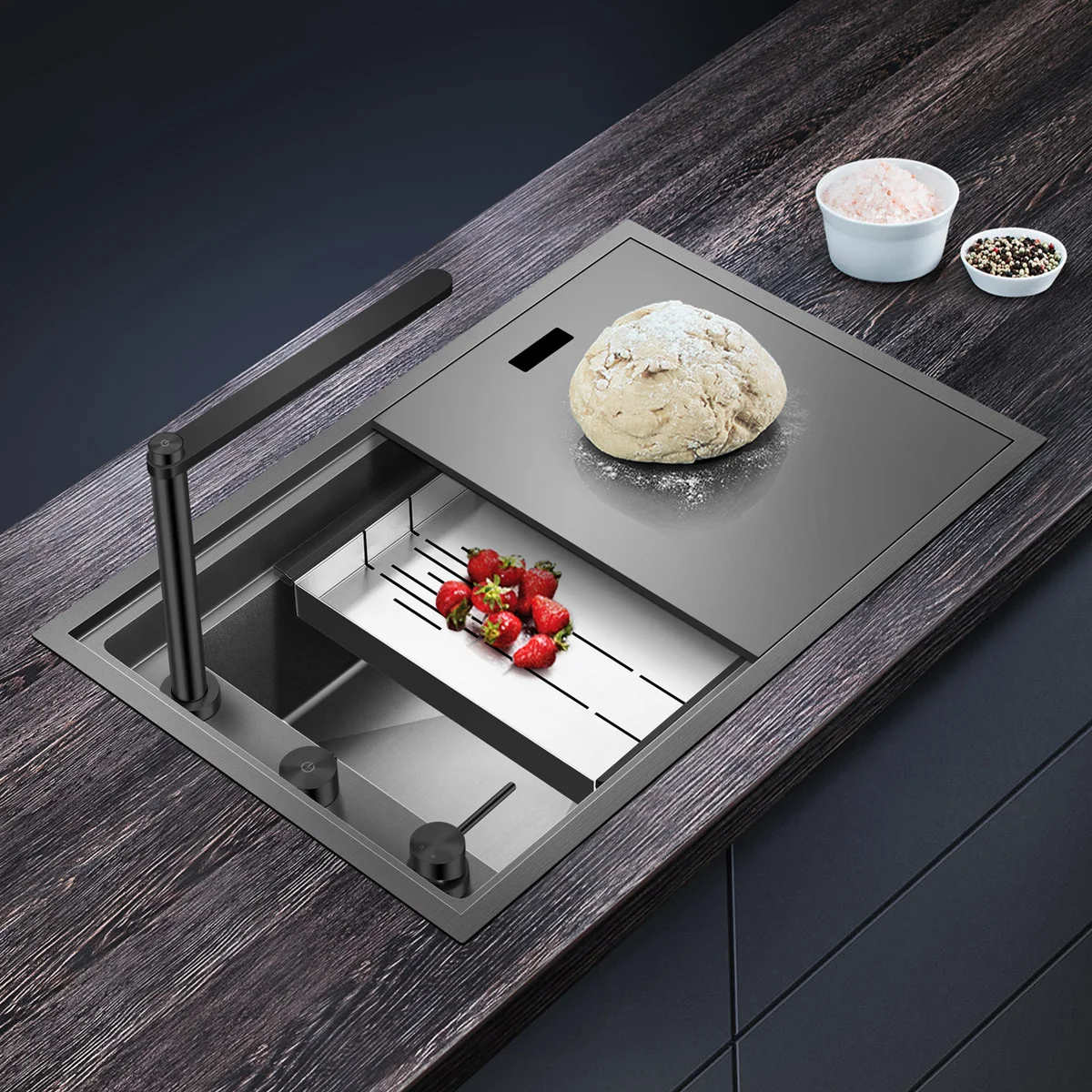 Fregaderd SUS304 Kitchen Black Nano Smart Invisible Hidden Stainless Steel Kitchen Sink nano black washing basin 304 stainless steel kitchen sink with knife holder vegetable double bowel sink with faucet thickened