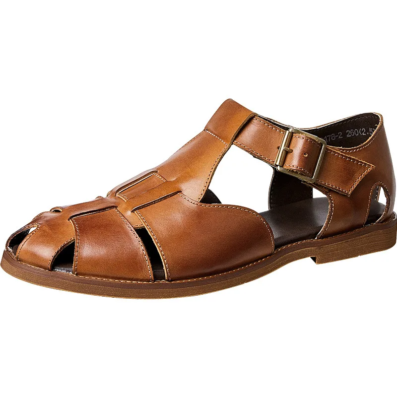 

Summer Open-toed Flat-bottomed Roman Sandals Spring Designer Sandals Cowhide Men Breathable Beach Shoes Genuine Leather Sandals