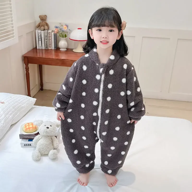 Girls' Jumpsuit Winter Coral Fleece Sleeping Bag New Girls' and Children's Flannel Home Clothes for Boys Polka Dot Rompers