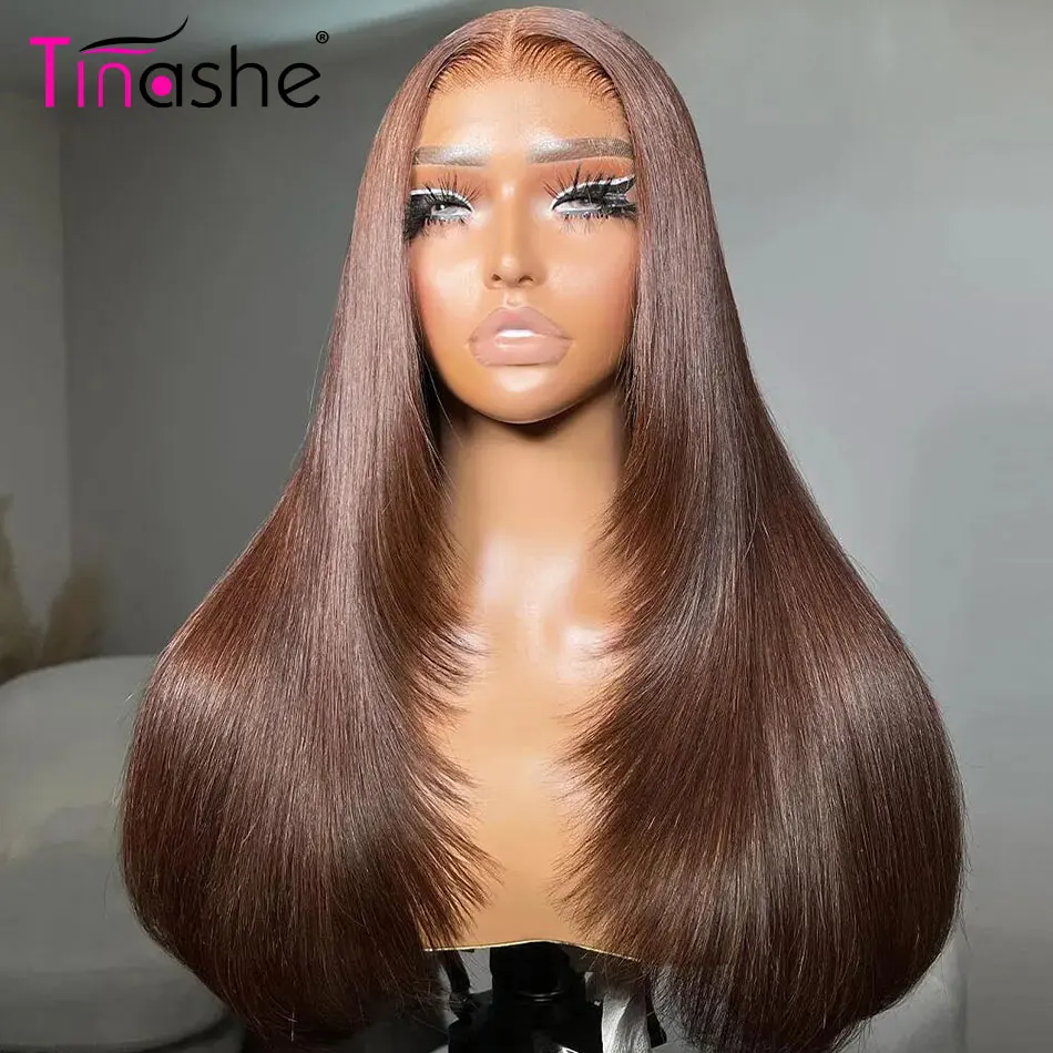 Tinashe Brown Wear&Go Glueless Layered Wig Pre Bleached Bone Straight Human Hair Wigs 200 Density 6x5 HD Lace Closure Wig