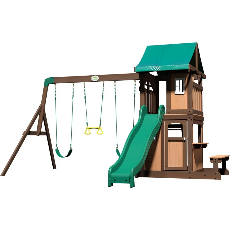 

Backyard Discovery Lakewood Cedar Wood Swing Set, Covered Upper Deck with White Trim Window, Slide with Rails, Lower Fort Area w