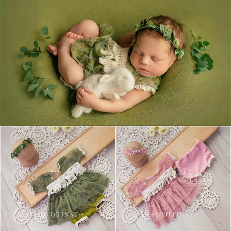 Dvotinst Newborn Baby Girls Photography Props Princess Rainbow Mesh Dress Headband 2pcs Set Fotografia Studio Shoot Photo Props dvotinst newborn photography props for baby soft cotton mesh wraps background blanket fotografia accessories shoots photo props