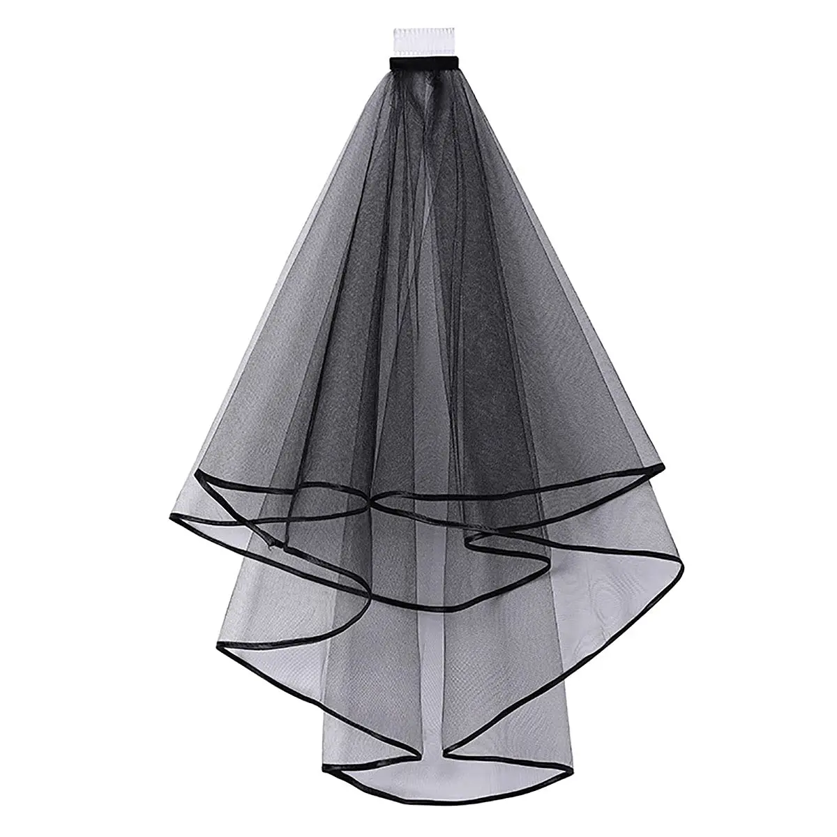 

Black Short Women’s Veil 2 Tier with Comb Wedding Tulle Fingertip Length Bridal Ribbon Edge