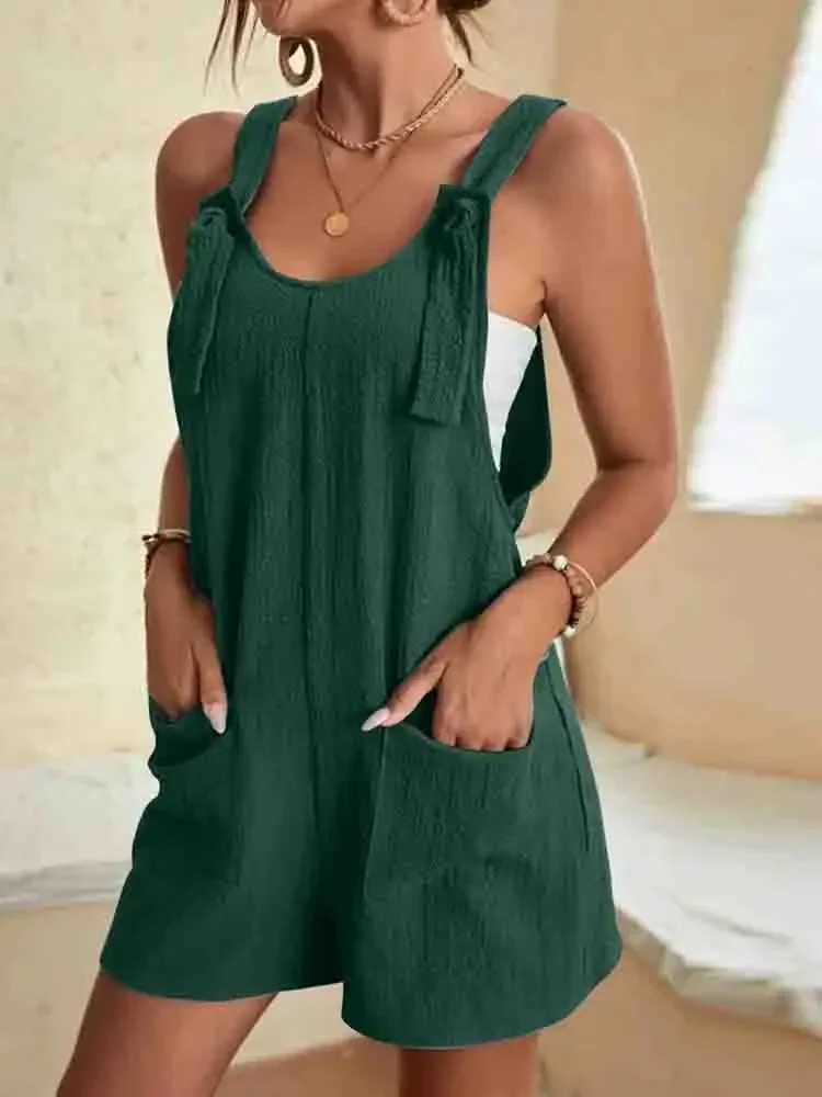 Women's Casual Summer Short Rompers Overalls 2024 Loose Sleeveless Tie Knot Strap Jumpsuits with Pockets